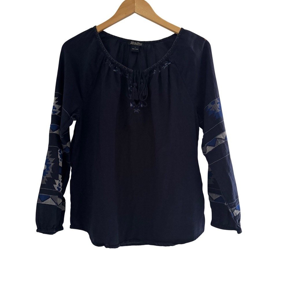 Lucky Brand Navy Blue Embroidered Peasant Top Tassel Tie Boho Blouse Large